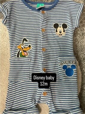 Disney Blue & White Striped One-Piece Footie with Mickey & Pluto